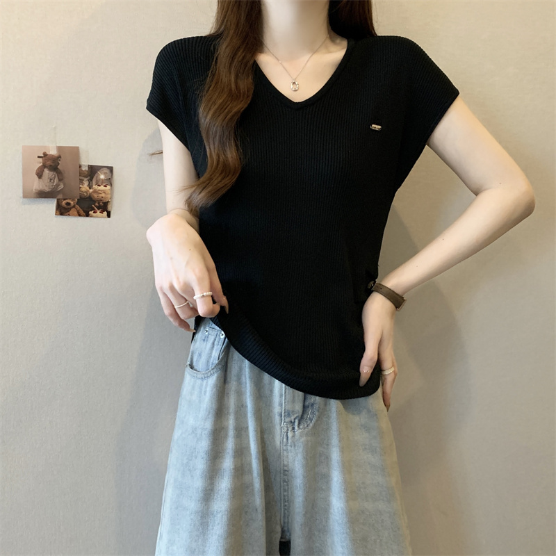 大码遮肚子显瘦T恤女微胖mm设计感冰丝针织衫短袖上衣