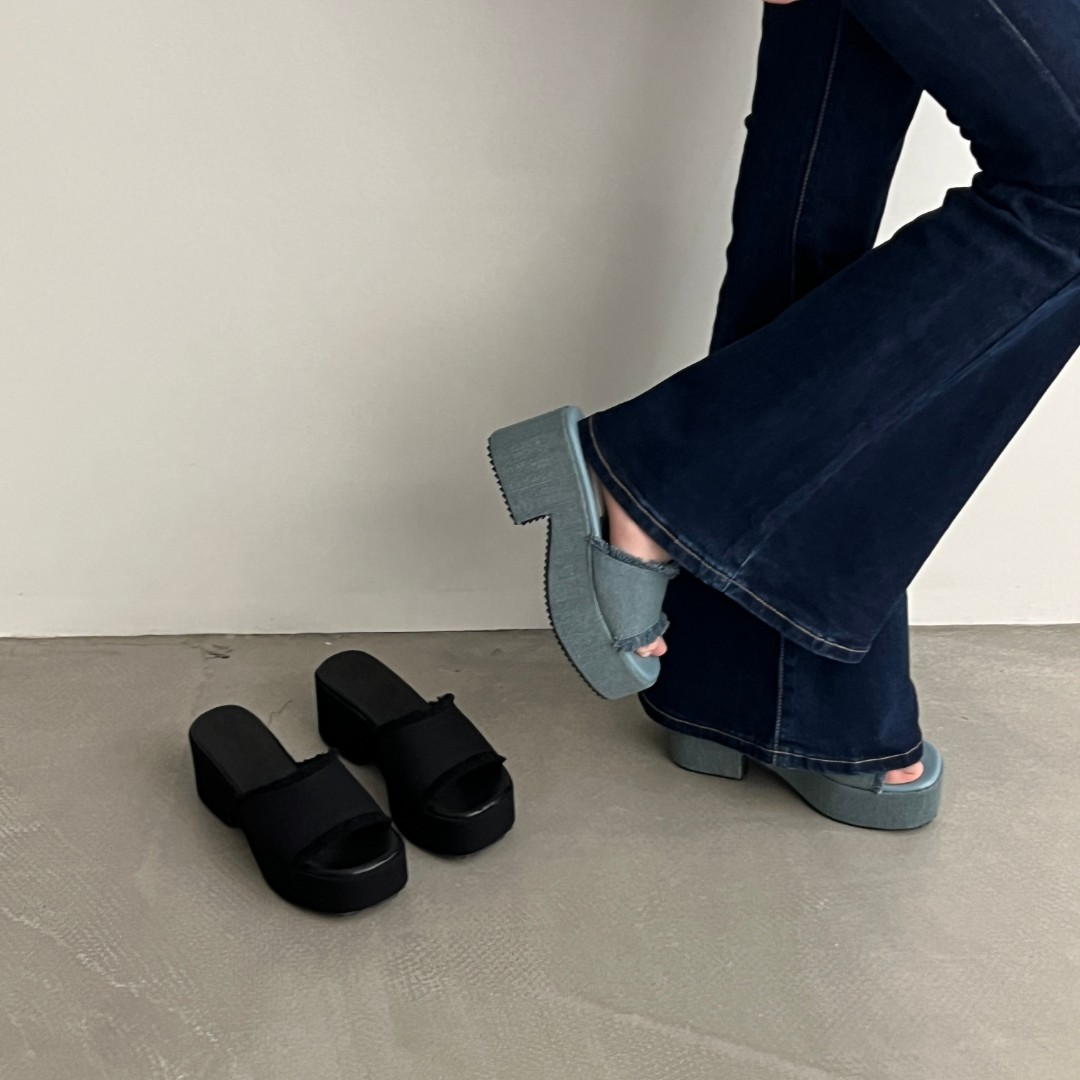 四季回力休闲厚底拖鞋气质百搭休闲松糕防水台牛仔布一字拖鞋圆头