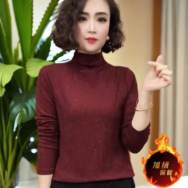 秋冬季女士打底衫长袖网红百搭时尚加绒修身加厚保暖高领烫钻T恤