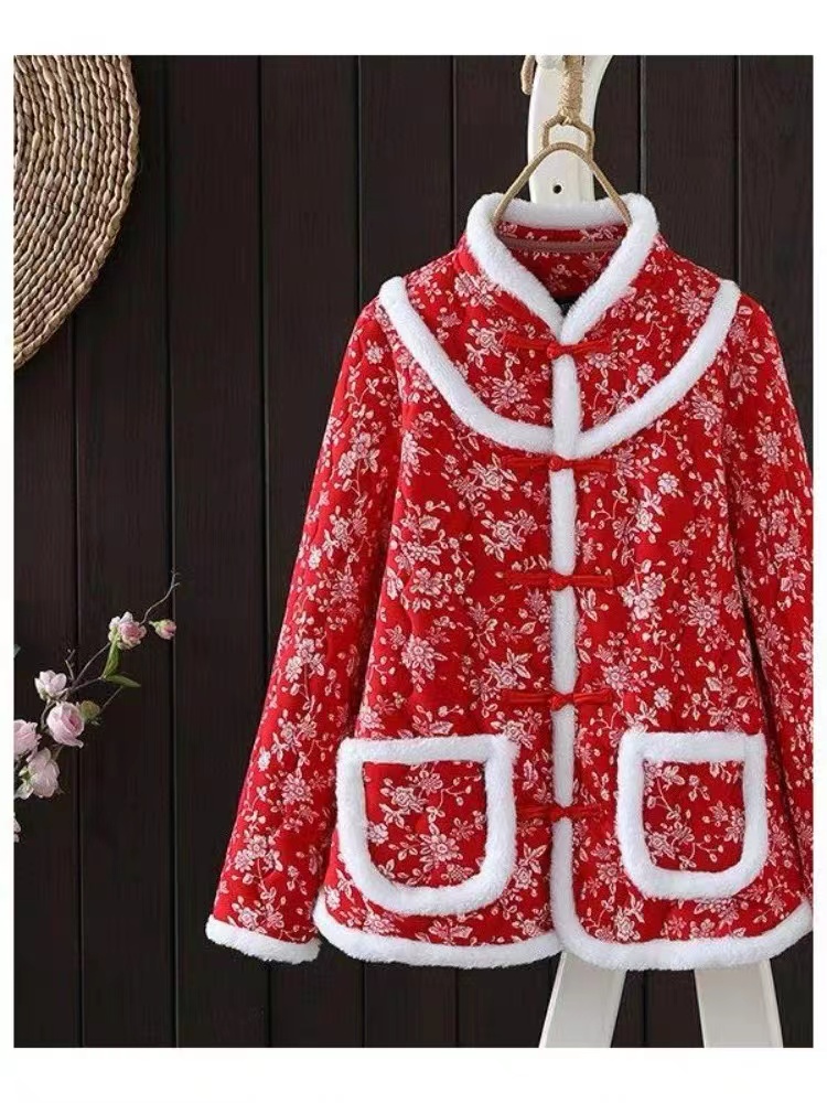 国风加厚过冬碎花棉衣气质百搭盘扣保暖棉服外套宽松防寒棉袄女