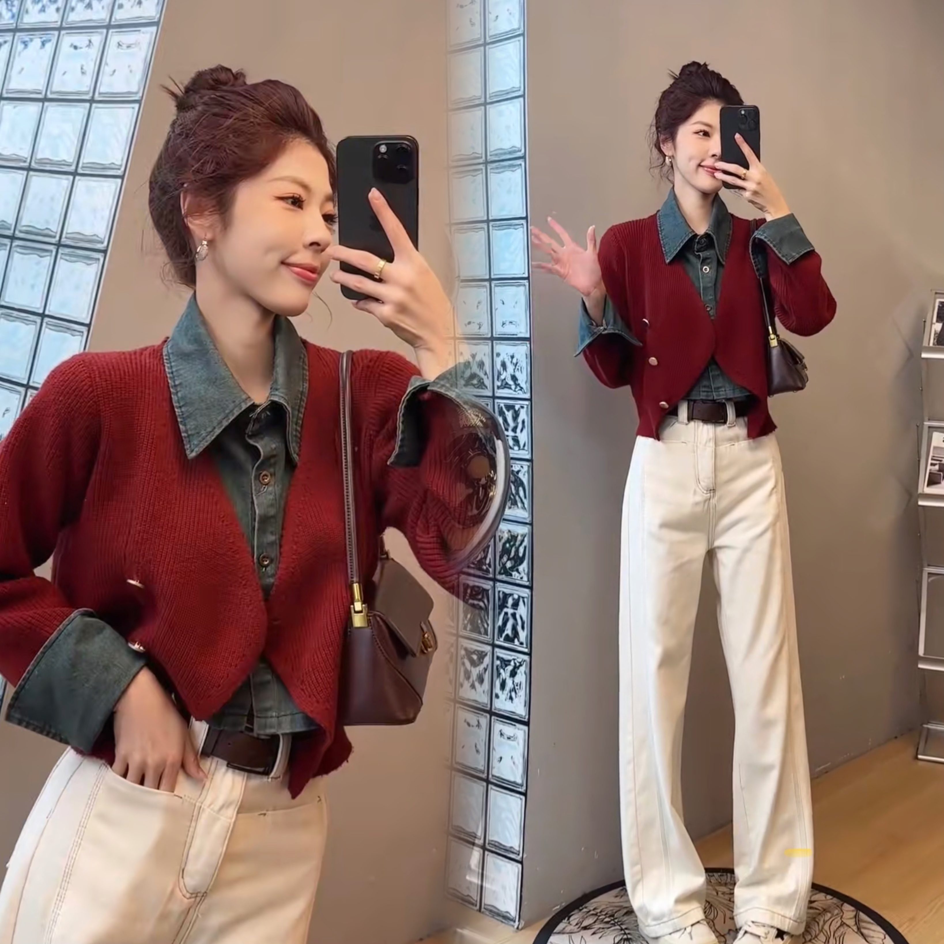 时尚拼接牛仔POPO领假两件针织毛衣+阔腿裤套装新款时尚两件套