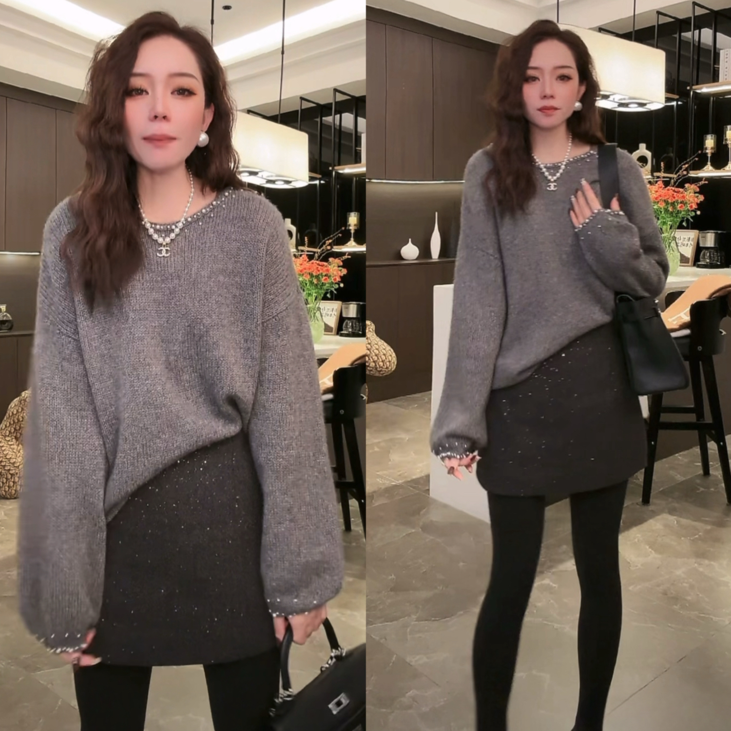 2024年秋冬新款设计感钉珠针织长袖毛衣百搭拼接亮钻时尚半身裙