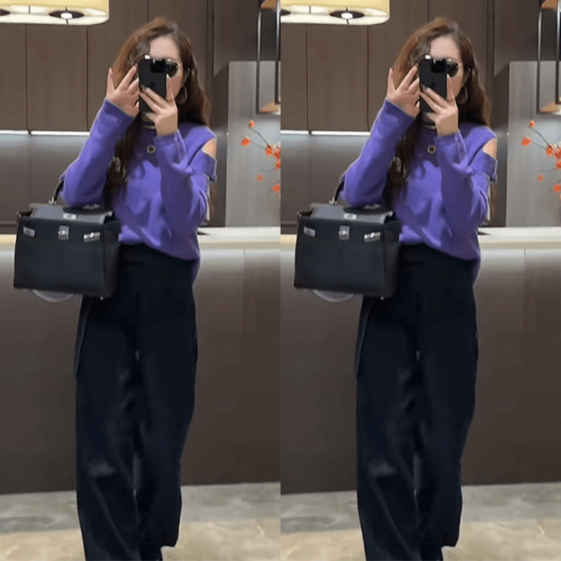 2025年秋季新款百搭露肩设计款圆领针织衫上衣+水洗直筒阔腿牛仔