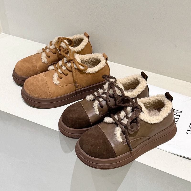 回力瑞复古系带勃肯鞋女2023冬季新款厚底毛毛鞋加绒保暖乐福鞋子