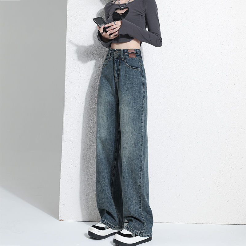 复古阔腿牛仔裤女高腰2023新款秋冬加绒小个子宽松窄版拖地直筒裤