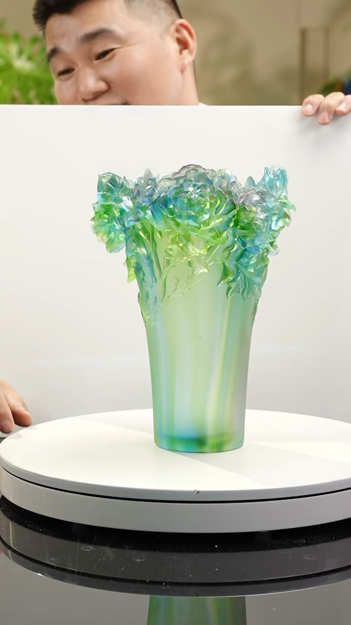 【闪购商品】琉璃手工艺品蓝绿牡丹花花瓶摆件