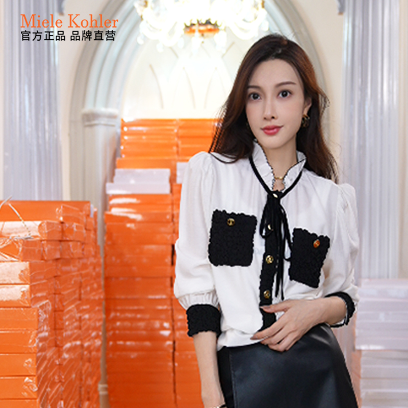 时尚高级感醋酸衬衫显瘦撞色上衣MKOSJ2459【澳门小源同款】