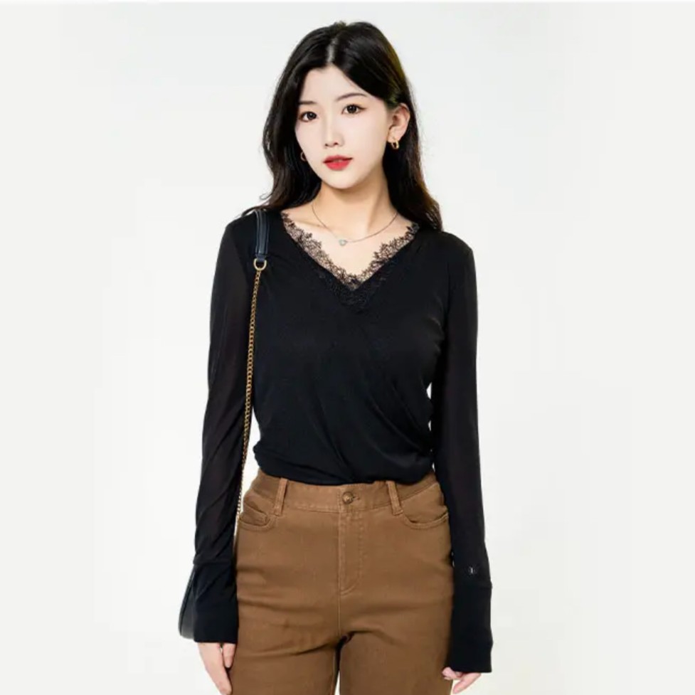 GIRDEAR/哥弟1300933新款气质V领蕾丝拼接假两件长袖套头T恤上衣