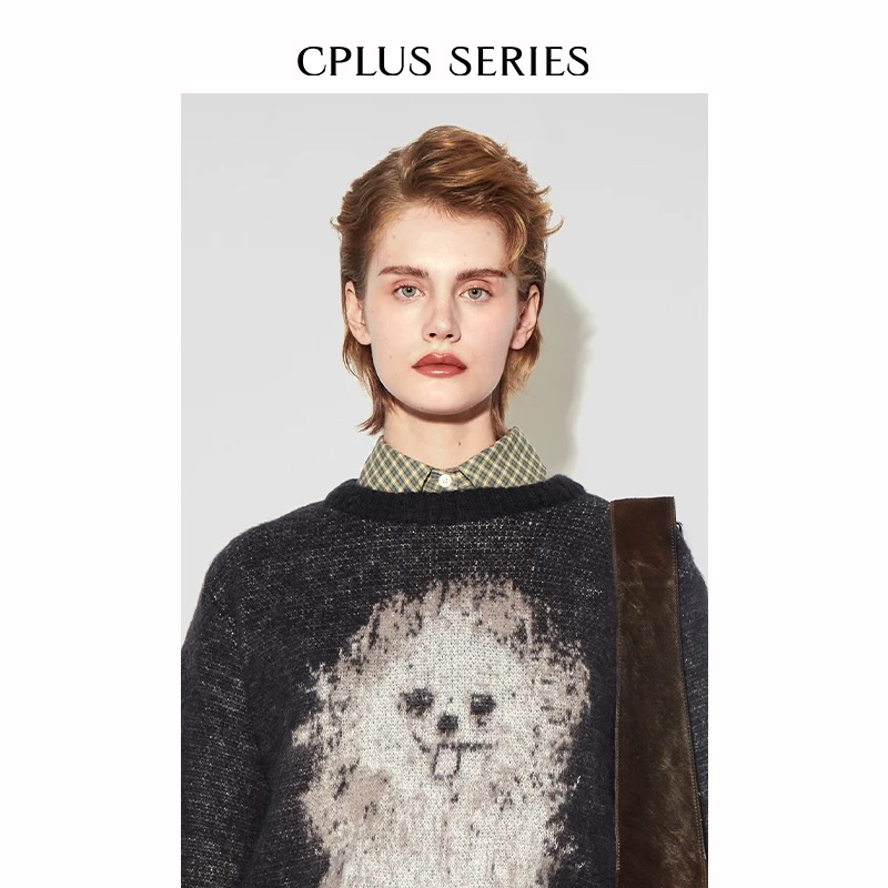 【CPLUS SERIES】 复古毛线保暖小猫提花针织套衫