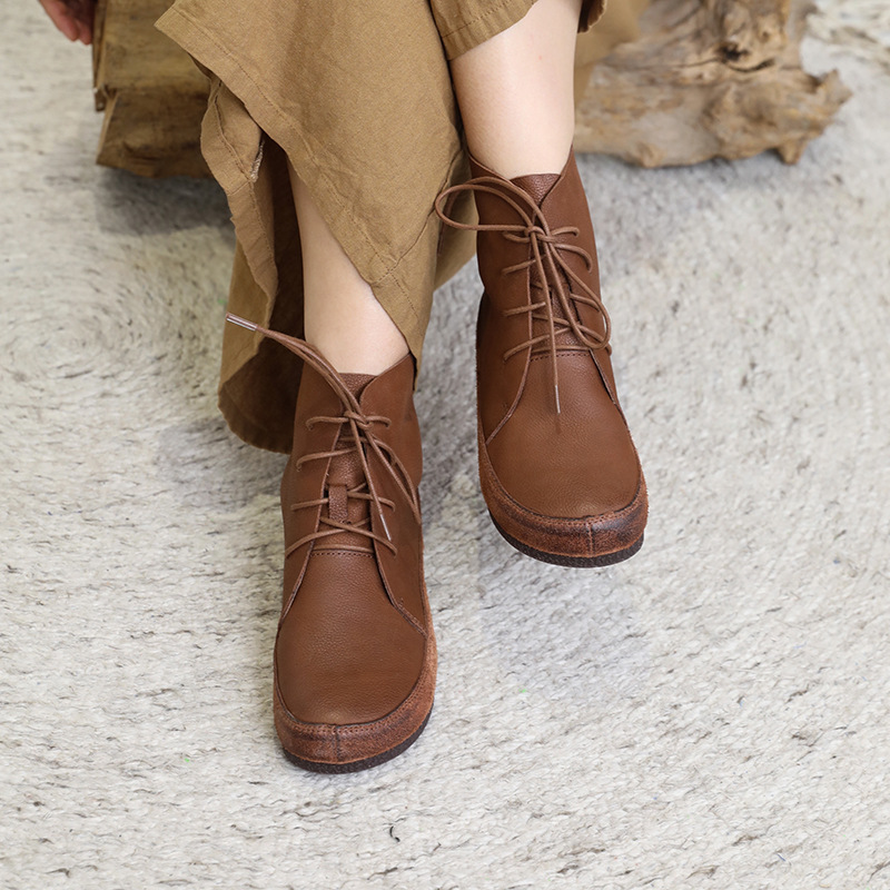 福利牛皮单靴圆头拼接系带低跟复古女鞋休闲短靴女