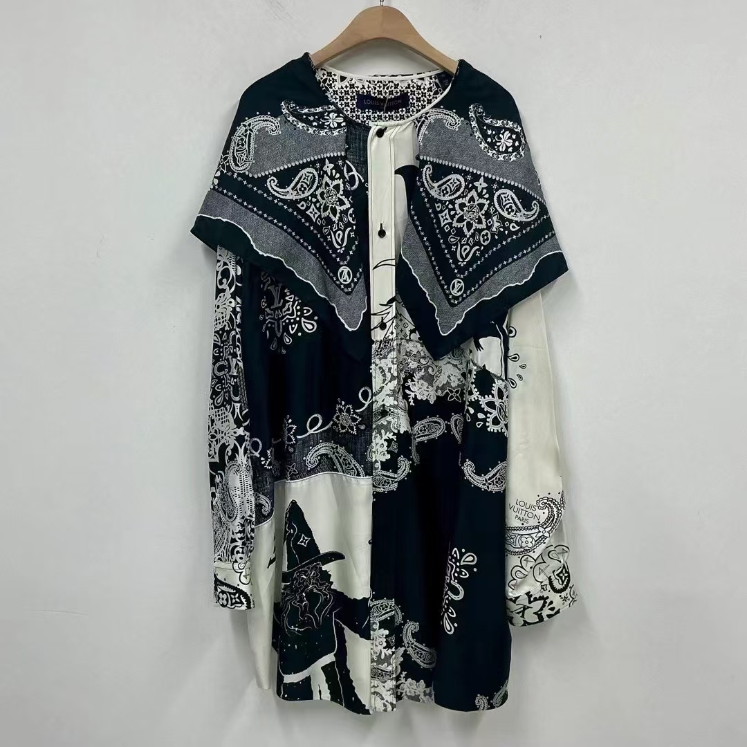 全新未使用 LouisVuitton/路易威登 秀款真丝衬衫图案中长款 xl码