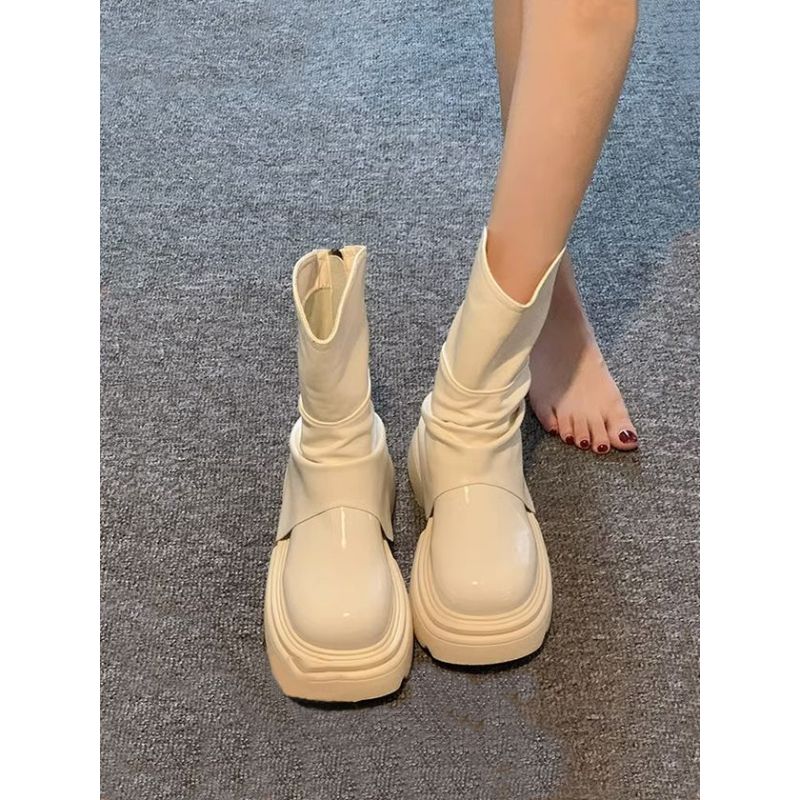 潮流女鞋大头白色厚底短靴女2023秋季新款中筒马丁靴裤管靴堆堆靴
