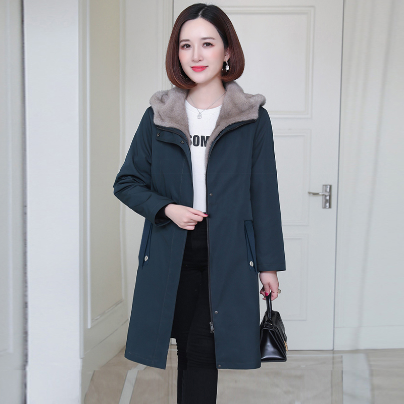冬季新款加绒加厚羊剪绒内胆派克服连帽中长款修身显瘦保暖棉服女