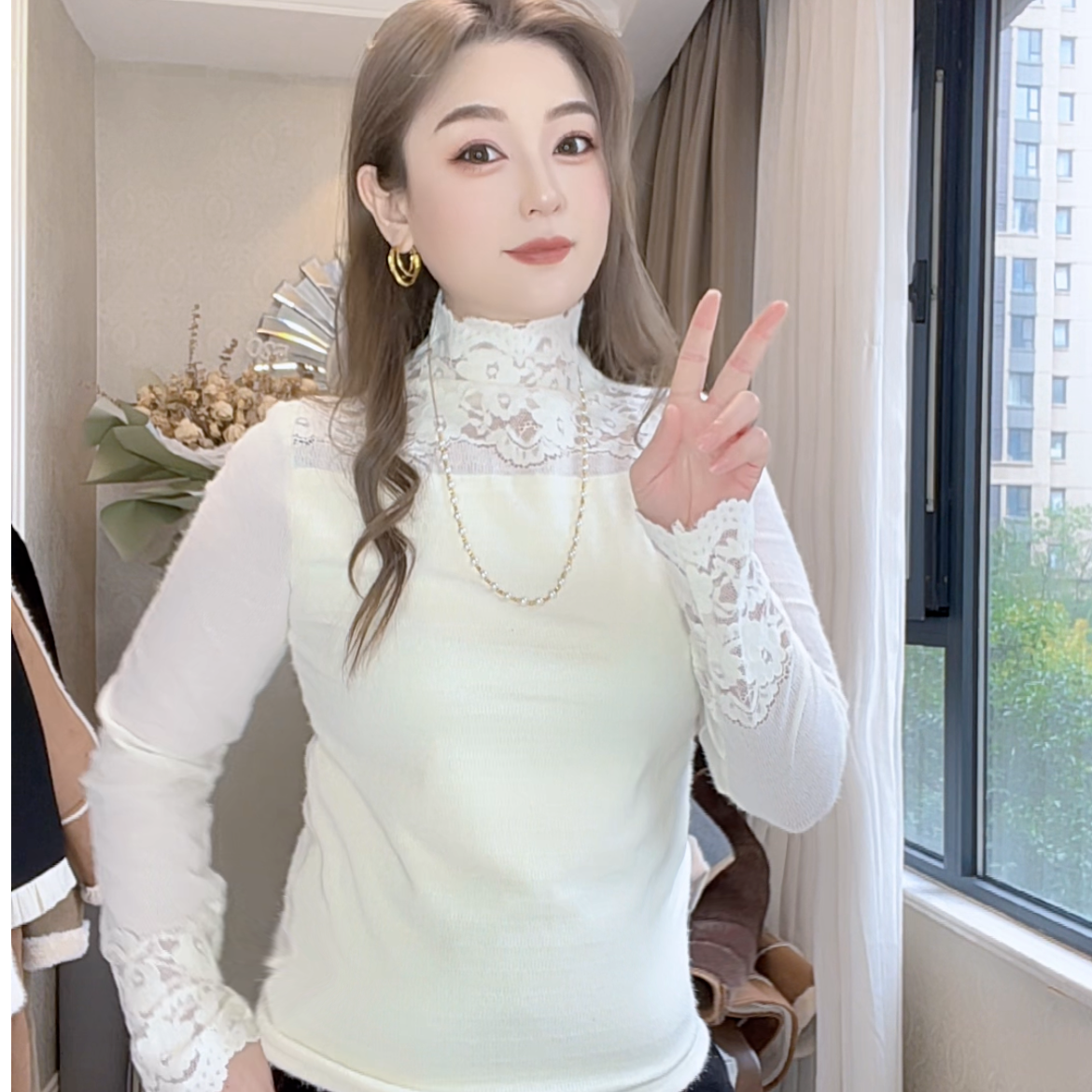 【大盼服装】加绒水毛毛拼接蕾丝柔软显瘦气质百搭时尚打底衫