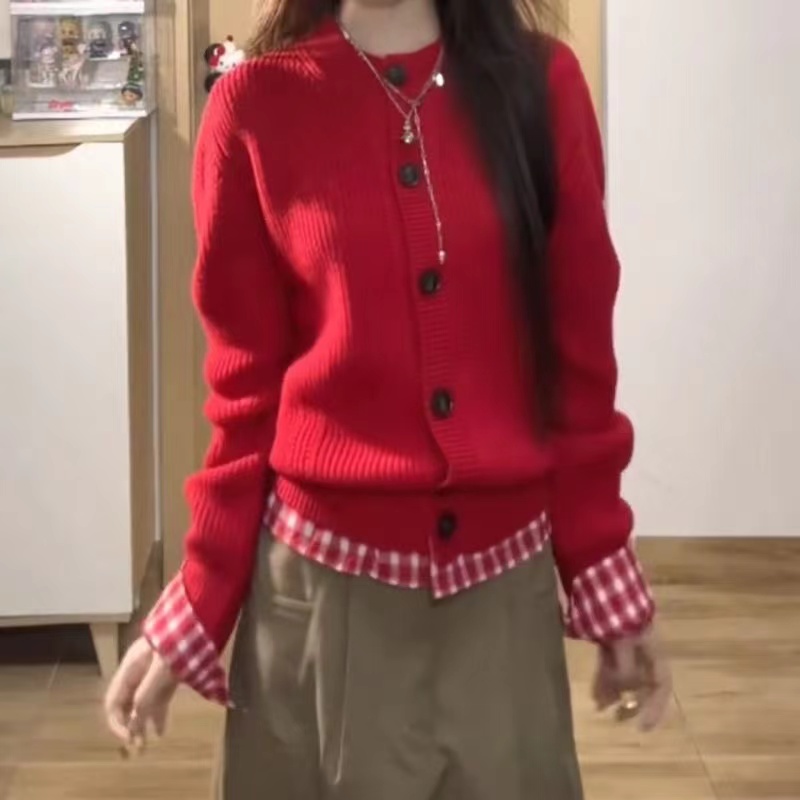 美式复古红色拼接假两件针织开衫外套女春秋宽松慵懒高级感上衣潮