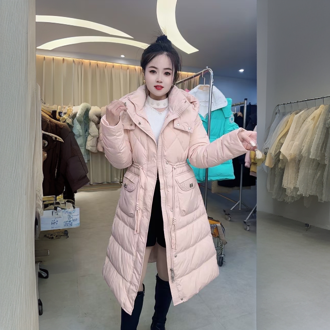 8923收腰显瘦中长款外套时尚连帽修身过膝保暖女士