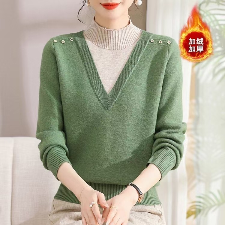 妈妈冬装加绒加厚一体绒半高领毛衣中老年女假两件宽松洋气上衣