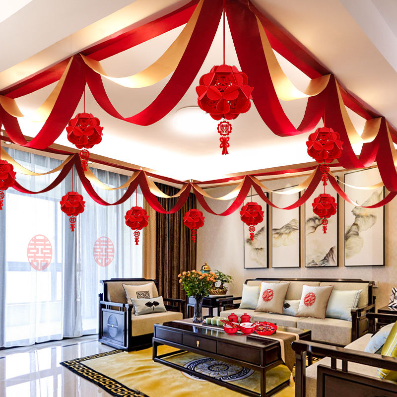 婚房装饰布置女方卧室男方新婚房顶房间结婚客厅装饰吊顶喜字拉花