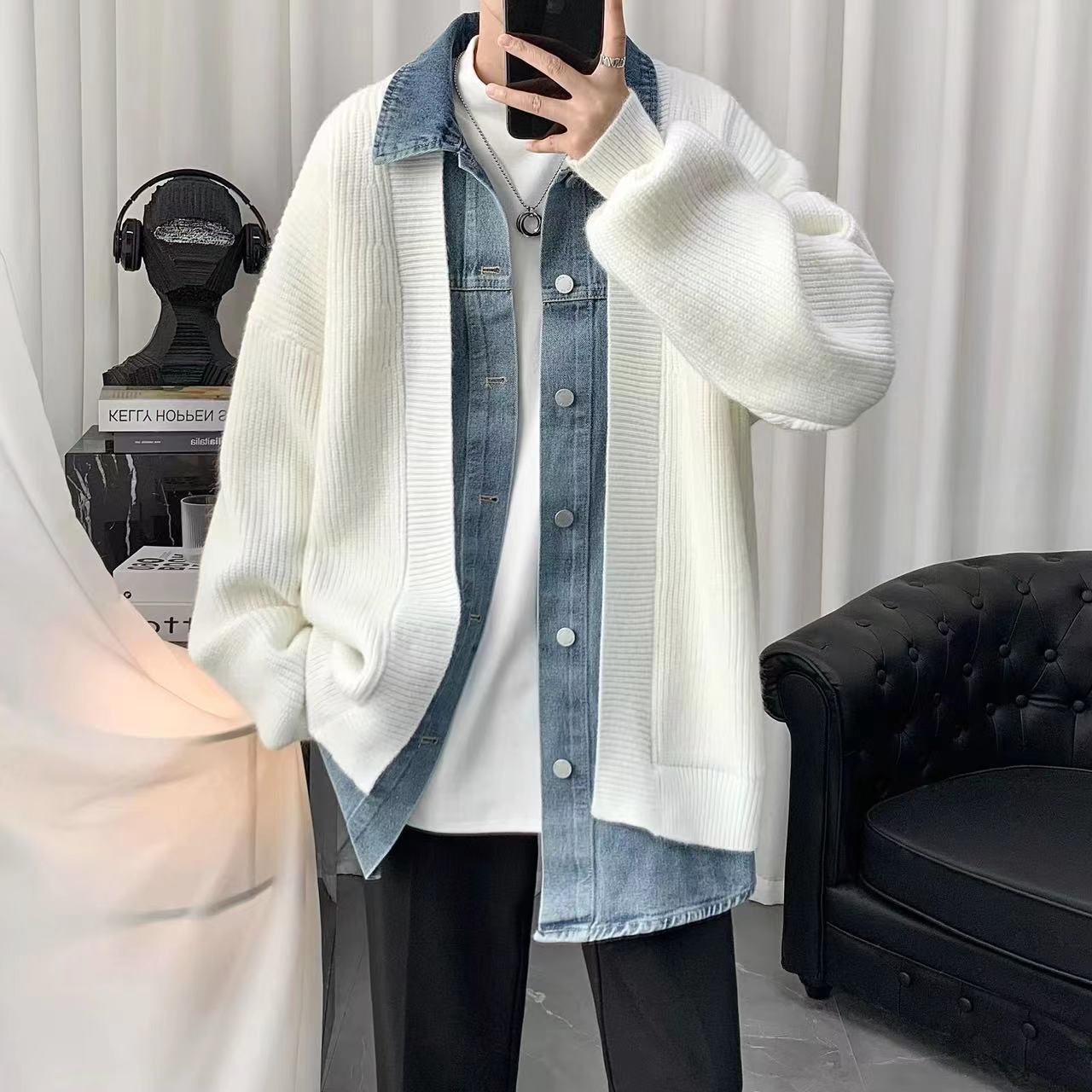牛仔拼接毛衣男美式百搭休闲时尚假两件外套港风宽松潮流针织开衫