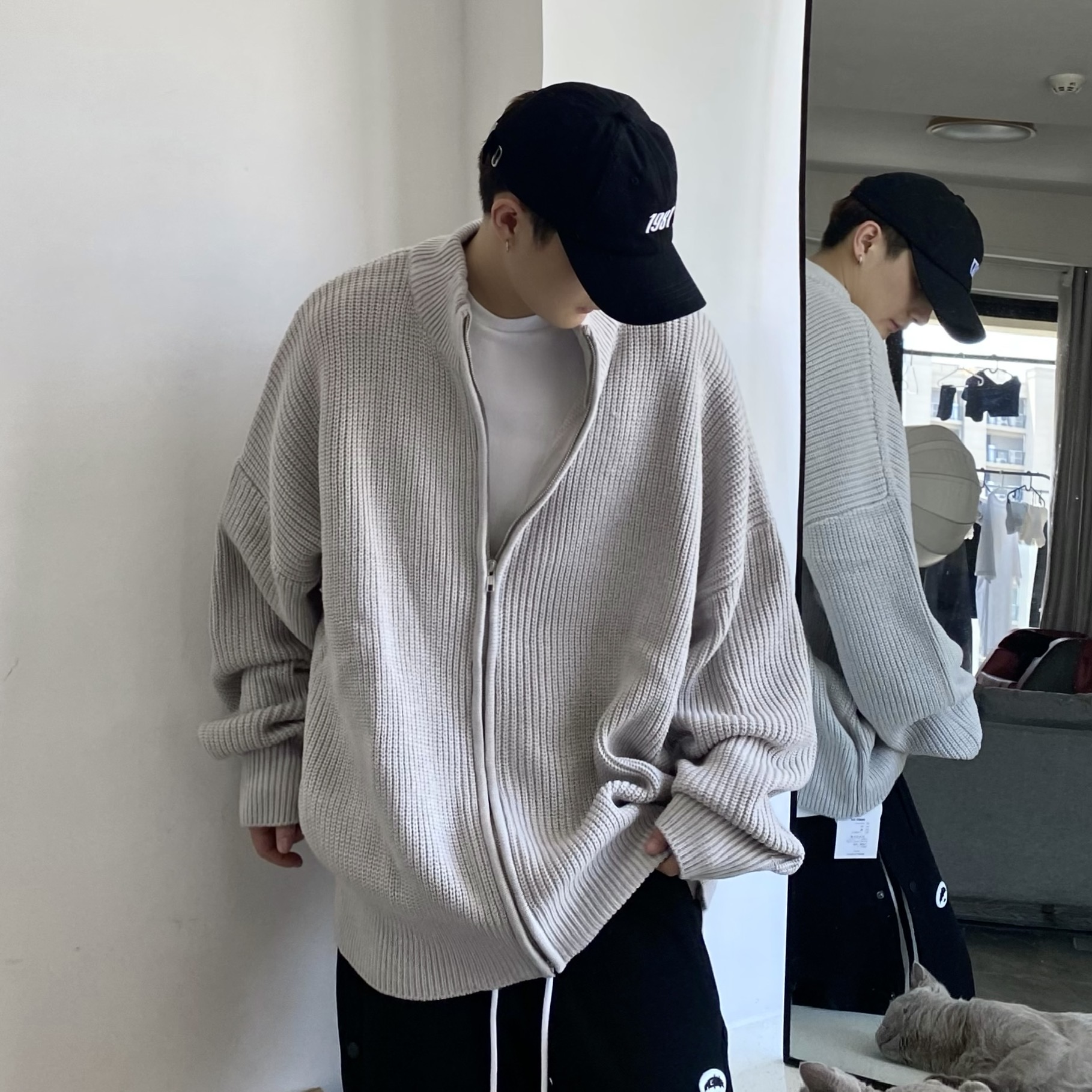 dannyandzee秋季复古宽松落肩慵懒针织毛衣开衫外套男SW09