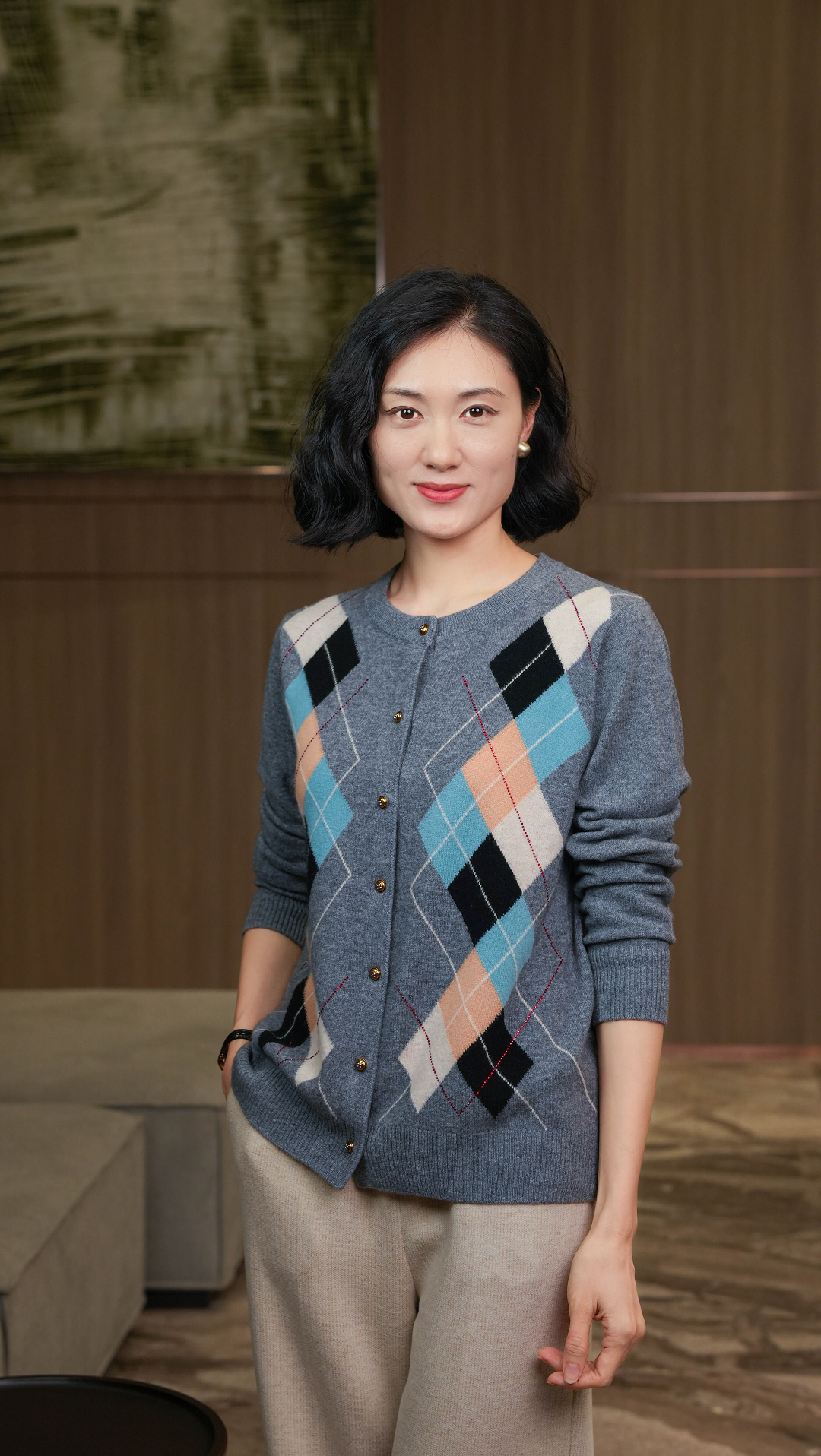 【100羊毛】新款圆领秋冬开衫优雅女士格纹提花长袖针织衫-8837