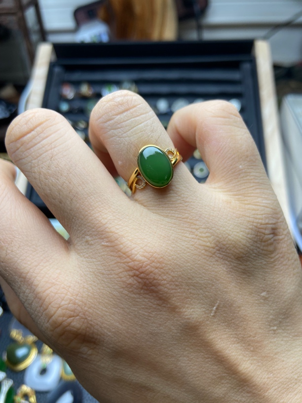 和田玉碧玉 18k金镶女戒（圈口14）