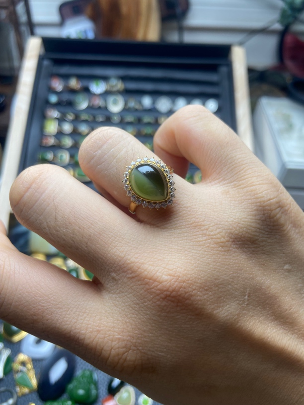 和田玉碧玉 18k金镶猫眼女戒（圈口14）