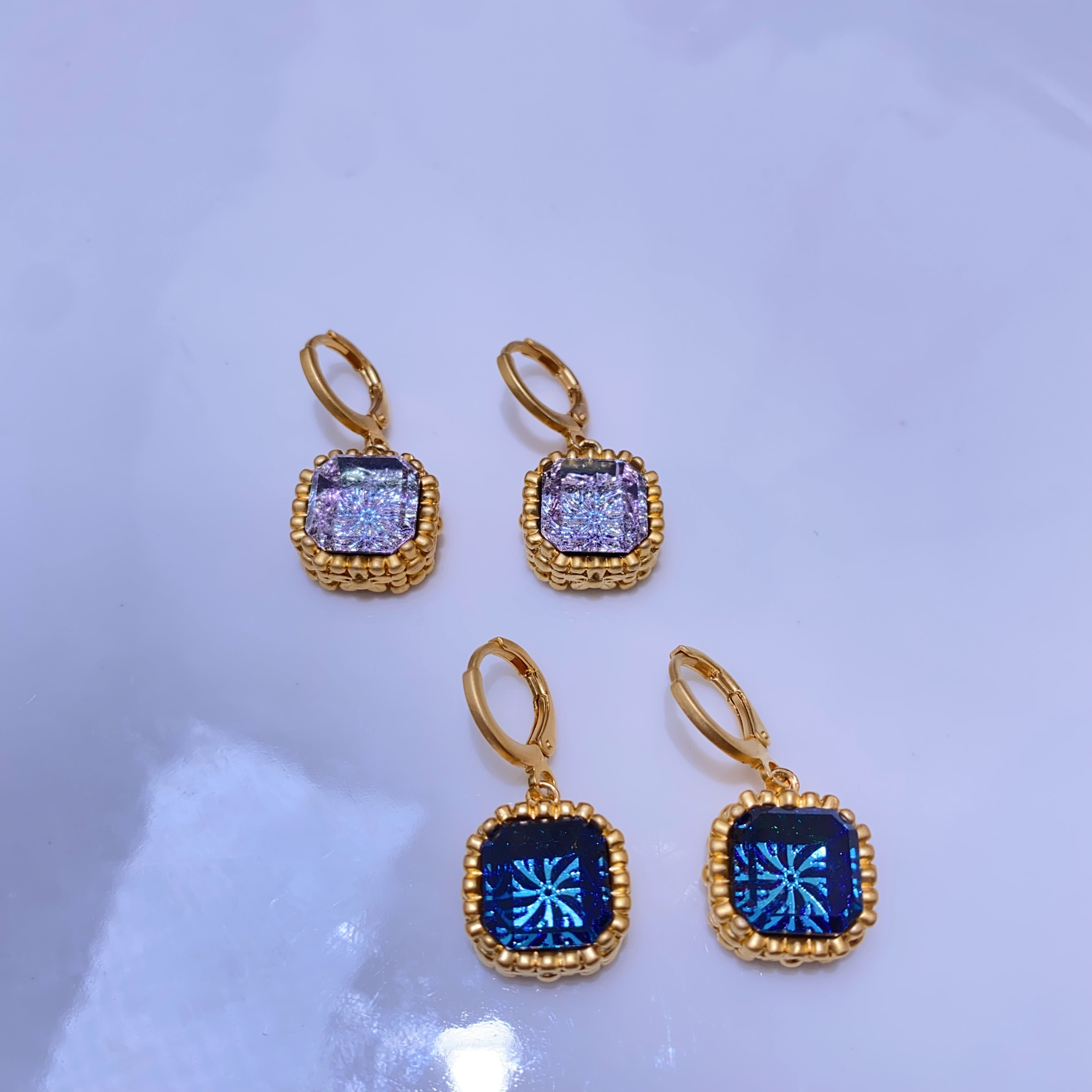 锌合金锆石耳饰 深蓝色耳环复古轻奢高级感耳坠气质几何方形耳饰