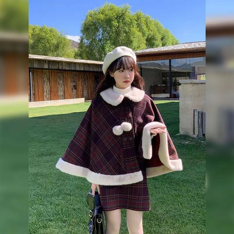 秋冬2023甜美减龄圣诞新年红格子英伦风毛呢斗篷百搭半裙洋气套装