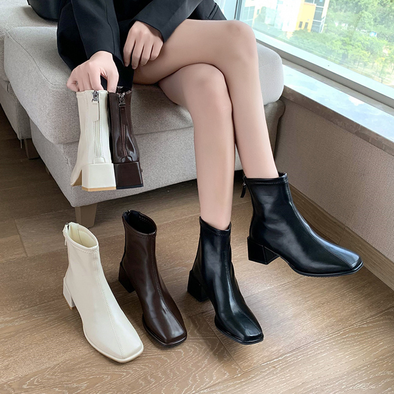 红蜻蜓牌白色法式小短靴女2022年秋冬新款方头粗跟短靴女百搭小个