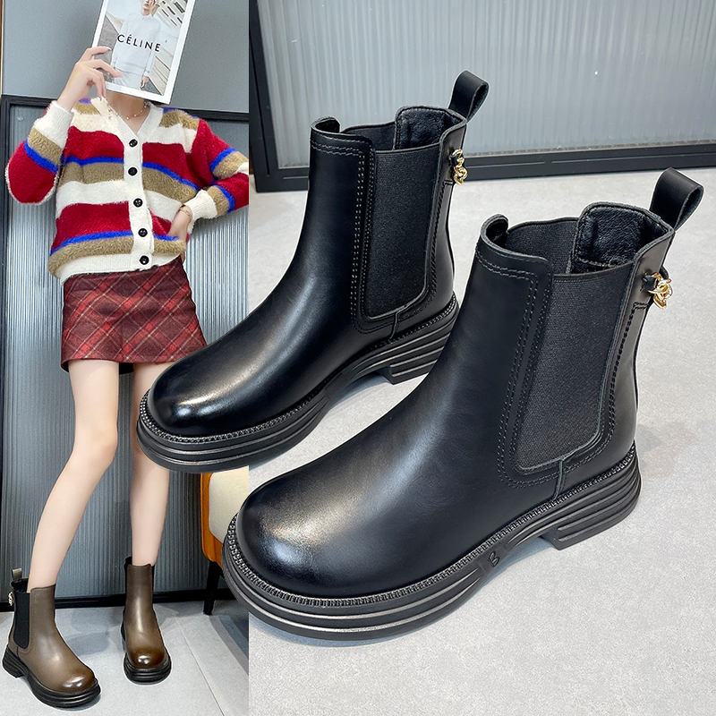 红蜻蜓牌真皮厚底时尚短靴女2023秋季新款套筒烟筒马丁靴子棕色切