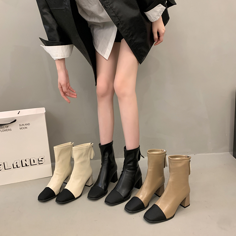 红蜻蜓牌小香风粗跟短靴子女2023年秋季新款法式方头高跟瘦瘦靴拼