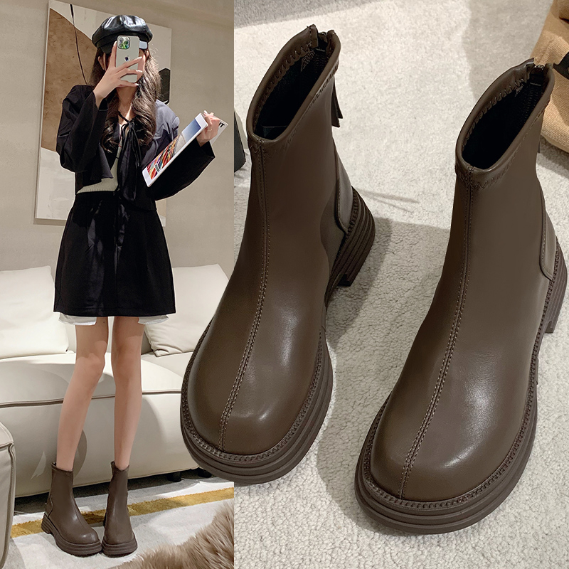红蜻蜓牌英伦复古马丁靴女2023秋冬新款加绒短靴后拉链粗跟厚底弹