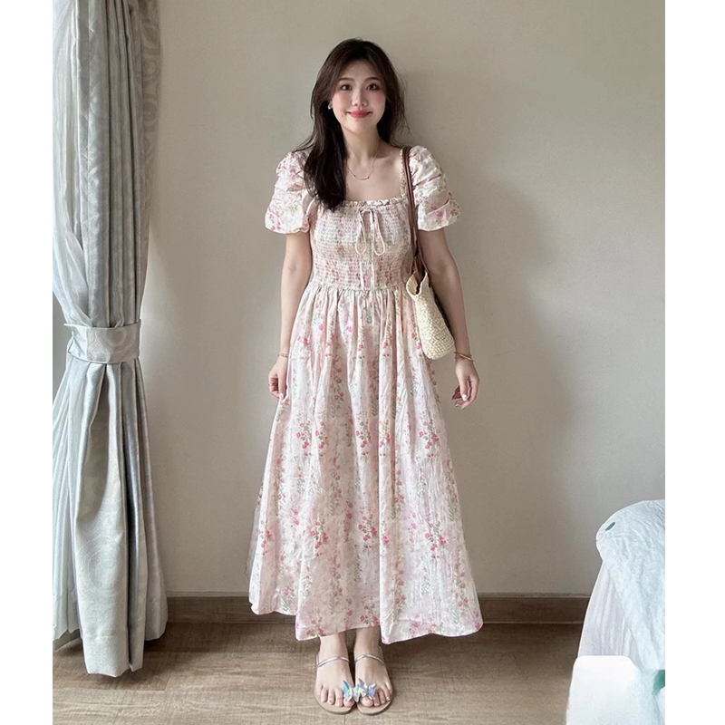 法式复古短袖碎花连衣裙女百搭夏季高级感气质收腰显瘦A字长裙女