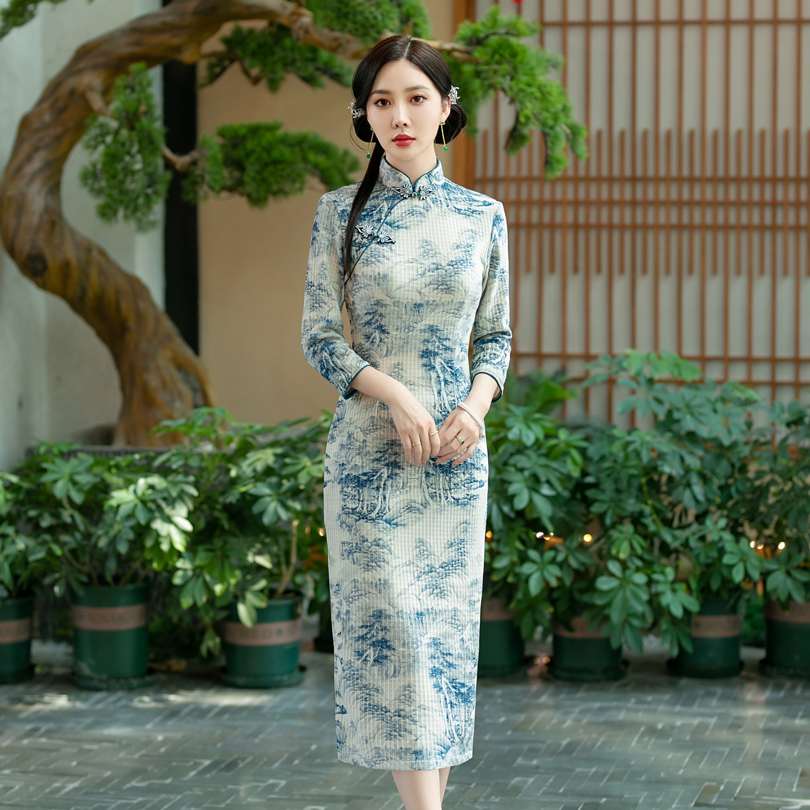 江山如画复古国风传统九分袖秋款曼丽绒改良长款日常气质改良旗袍