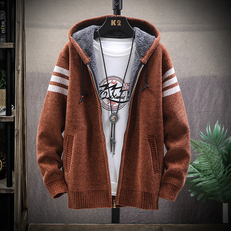 加绒加厚毛衣外套男青年秋冬季学生针织衫连帽开衫韩版宽松线衣潮