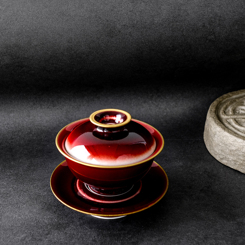 壶尔摩斯 由心堂新出窑全手工手绘 描金郎红盖碗茶具陶瓷茶碗大号