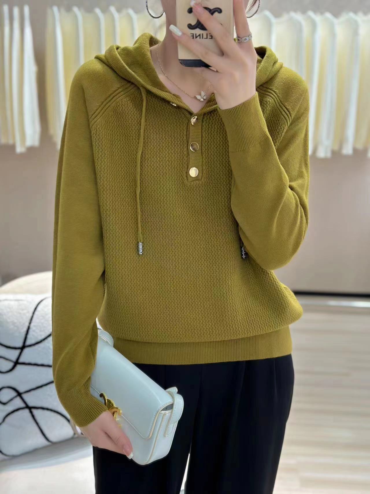 带帽毛衣女士春秋2024新款帽衫减龄显瘦宽松时髦纯色针织卫衣连帽