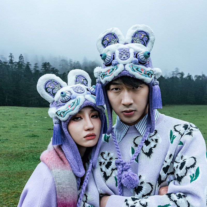 芽小七原创设计茈藐紫兔子毛线帽可爱东北户外保暖防寒手工针织