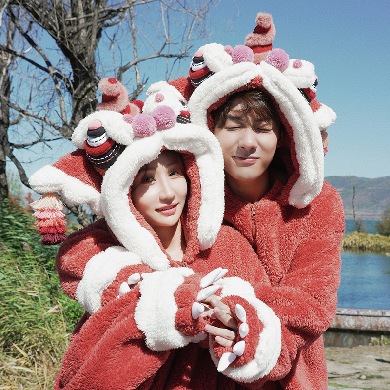 芽小七原创手工醒狮家居服男女冬季宽松中长2022新款带帽一体宽松