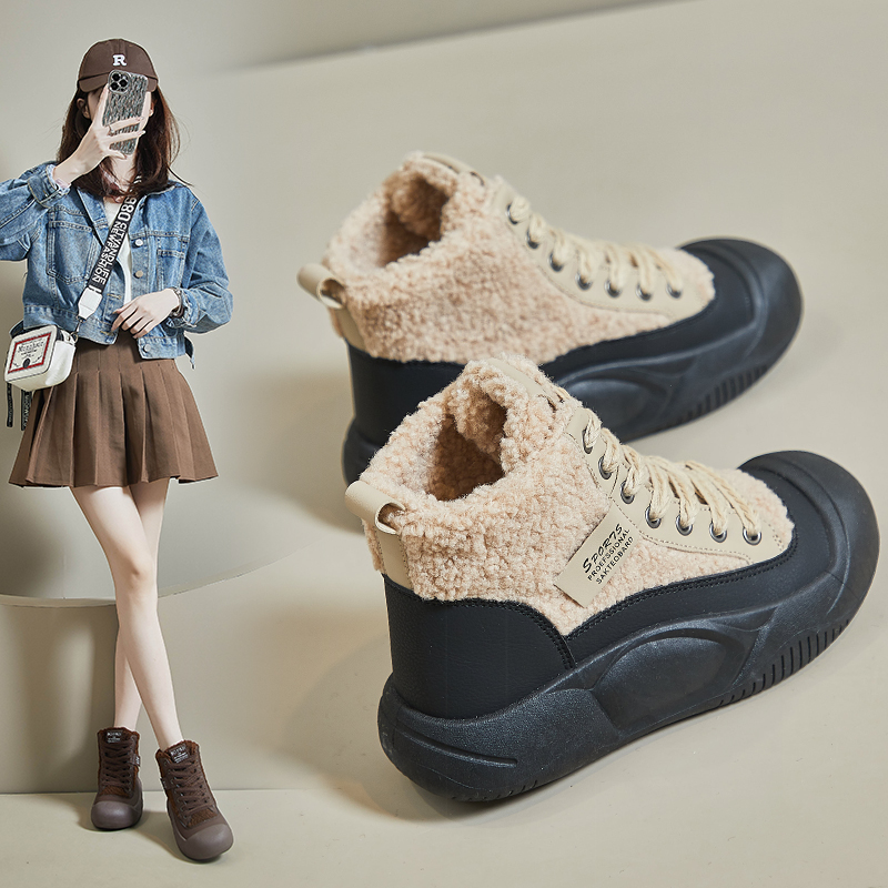 高帮休闲鞋2023年冬季新款时尚舒适女鞋保暖平底鞋百搭厚底毛毛鞋