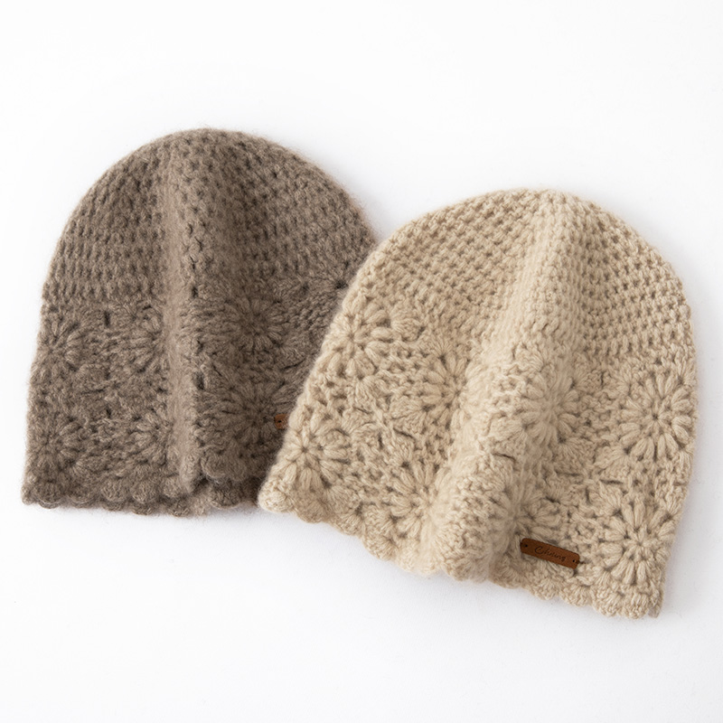 纯手工小雏菊秋冬新款女毛线帽百搭针织帽子护耳包头镂空羊绒帽子