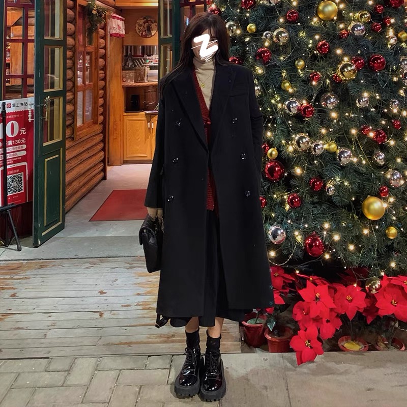 【继承者】5356高级感冬季厚款双面呢子大衣黑色毛呢长款外套显瘦