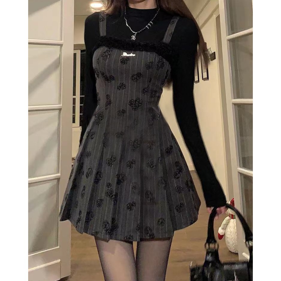 【暗夜玫瑰】5380微胖mm高级感拼毛毛连衣裙立体植绒裙子+打底衫