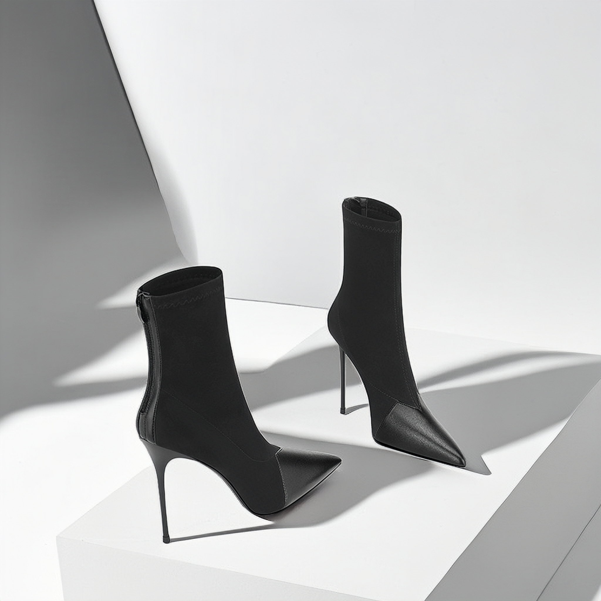 爆款秋冬黑色加绒细跟尖头拼接高跟鞋女新款弹力职业瘦瘦堆堆短靴