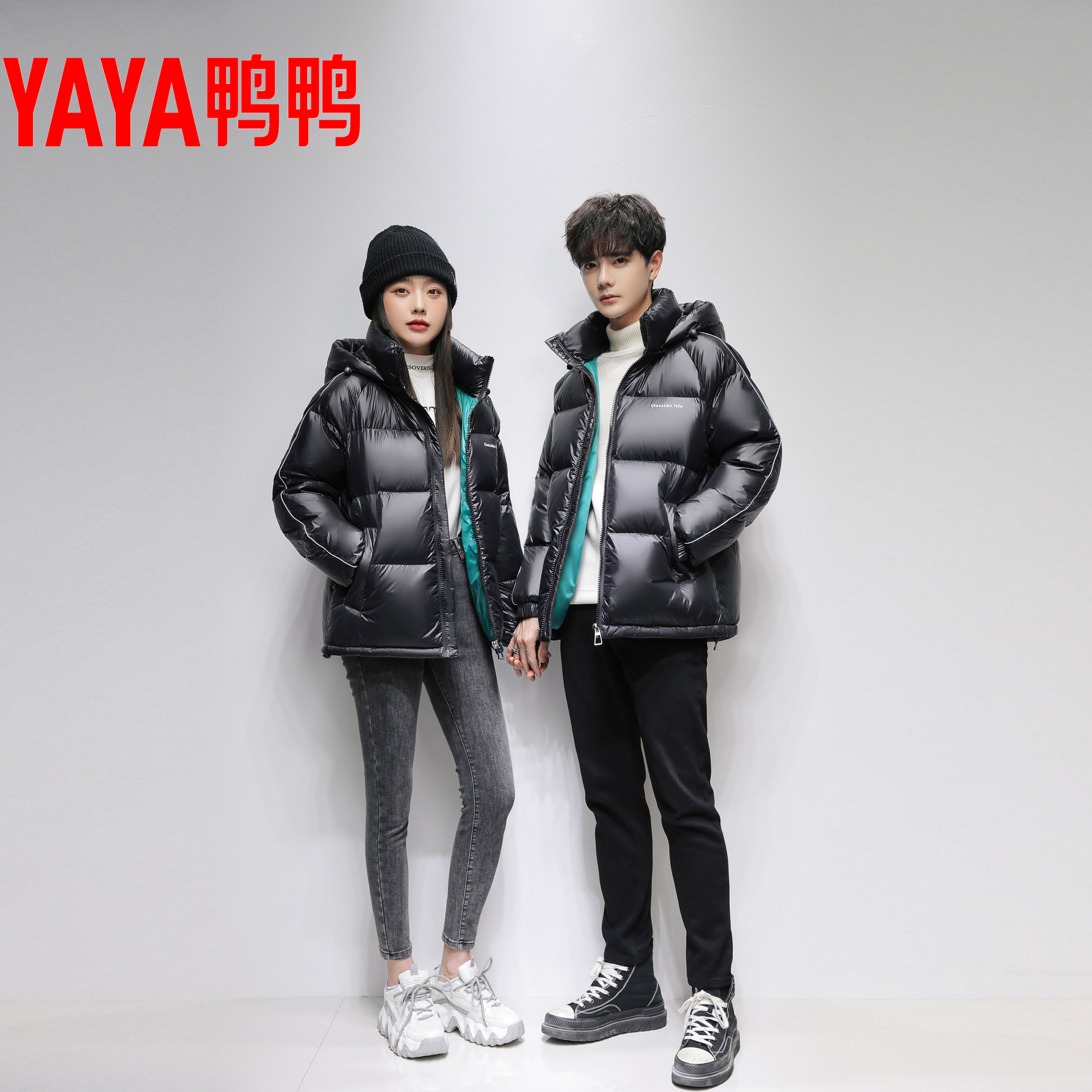YAYA/鸭鸭【轻奢满绒3.0红绿粉】厚款连帽可拆卸男女面包羽绒服正品