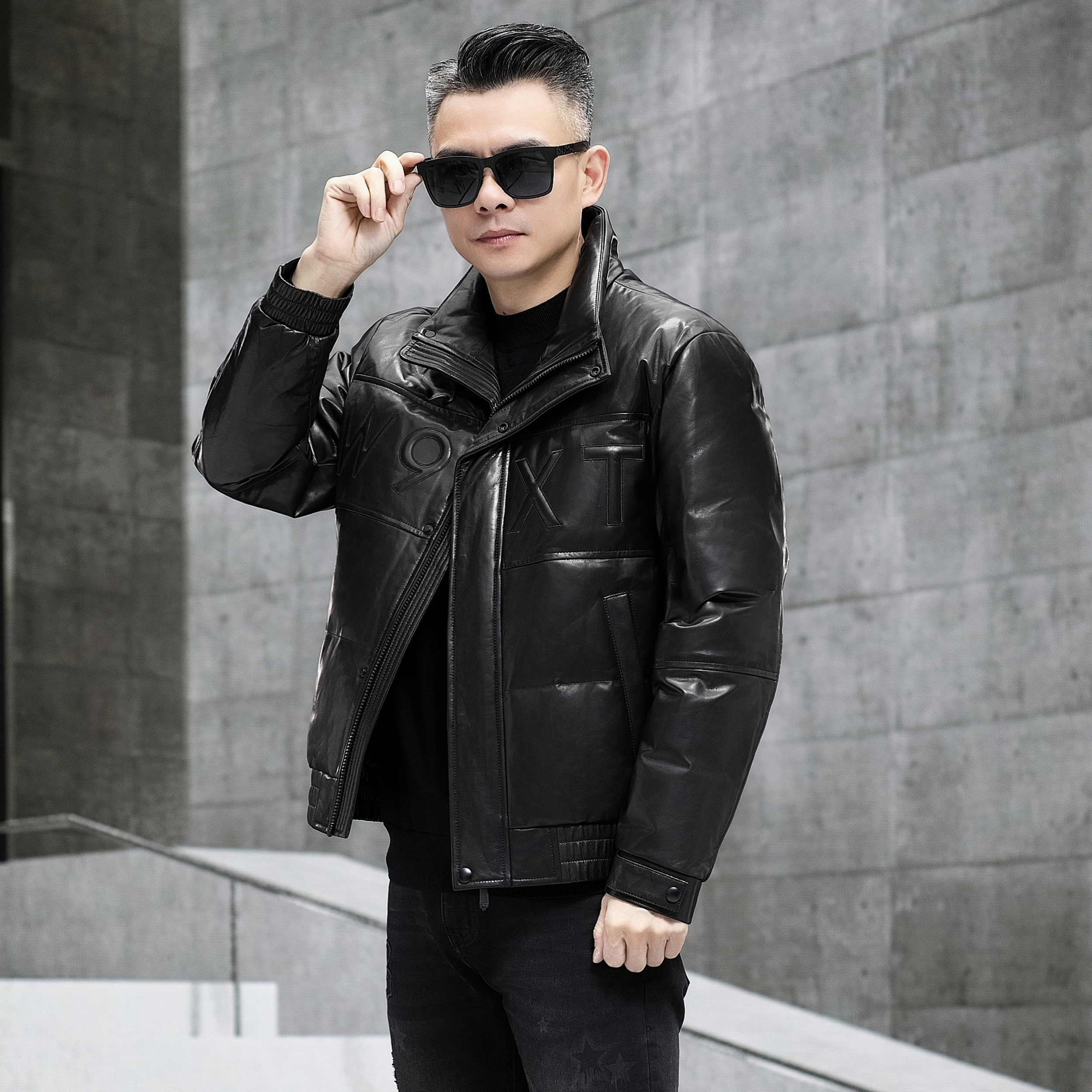 【GMSC】Y34006黑色男士头层山羊皮白鹅绒防风保暖翻领夹克