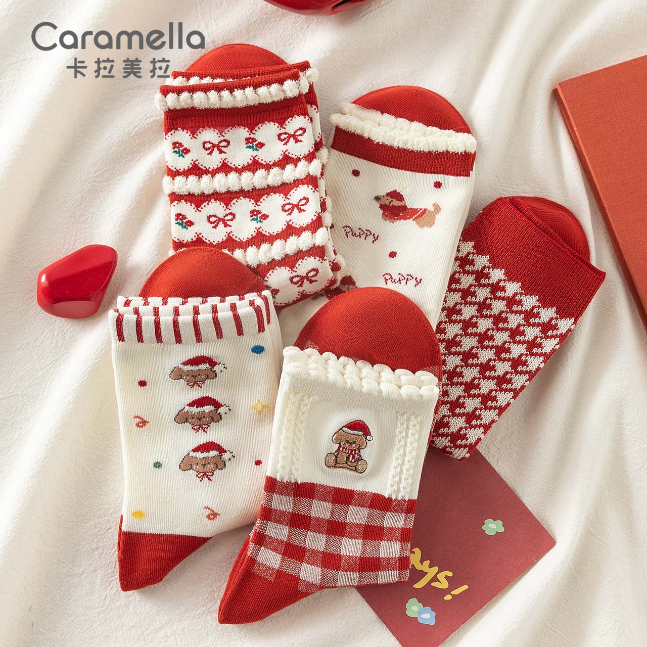 CARAMELLA2024季秋季新款红色可爱风森系中筒女袜四季女士袜子