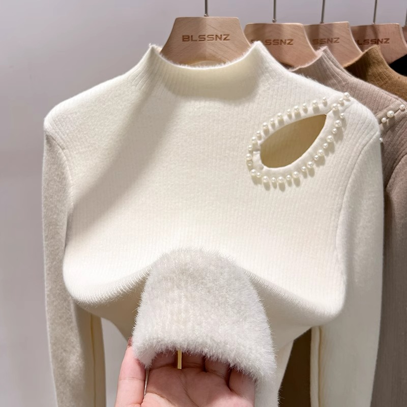镂空半高领打底衫女内搭2025新款秋冬季加绒加厚针织衫一体绒毛衣