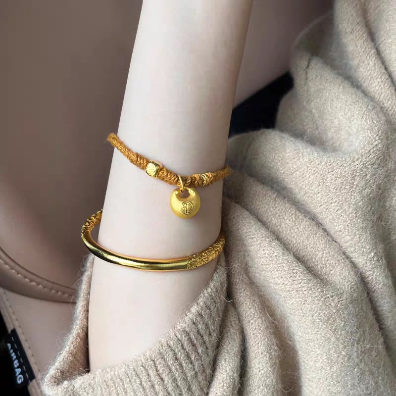 铜合金手链 新中式藏风胖福吉言手链黄财神扣头精工盘缠手链